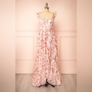Boutique 1861 Storia Phyllisia Pink Floral Print Maxi Dress w/ Ruffles Side Slit